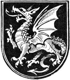 a black and white image of a dragon on a shield