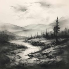 a black and white drawing of a stream in the woods with mountains in the background