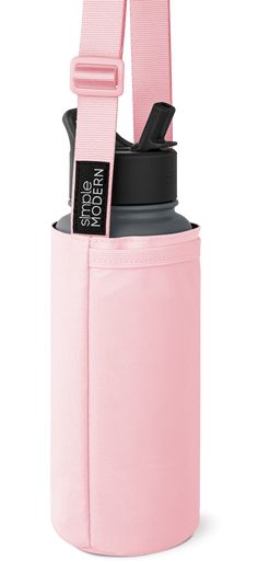 a pink cup holder with a strap around the neck and an insulated bottle in it