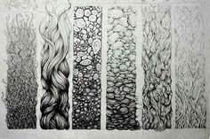 four pencil drawings of different shapes and sizes on paper, each with an individual's hair