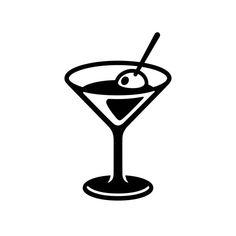 a black and white silhouette of a martini glass with an olive garnish on the rim