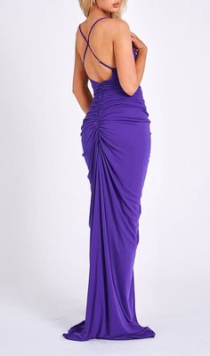 This stunning maxi dress is perfect for a special occasion. The amethyst-colored fabric is adorned with beautiful flowers, and the plunging neckline is both sexy and elegant. The flowing skirt is sure to make you feel like a goddess. Gentle Dry Clean Only Colour may vary due to lighting on images. The product images (without model) are closest to the true colour of the product.Item runs true to size chart and is cut to suit our size chart. Please refer to our size chart for the best fit. Do not Purple V-neck Prom Gown, Elegant Purple V-neck Gown, Purple Fitted V-neck Gown, Purple Ruched Maxi Dress For Evening, Formal Backless Ruched Maxi Dress, Purple Floor-length Gown For Prom, Purple Maxi Dress With Sweep Train, Purple Ruched Maxi Dress, Purple V-neck Gown For Prom