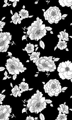 a black and white floral pattern with flowers on it's side, as well as the background