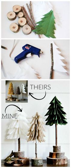 three different pictures showing how to make paper trees with wood slices and other things on the table