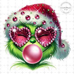 the grin face has pink and green decorations on it's head, as well as red