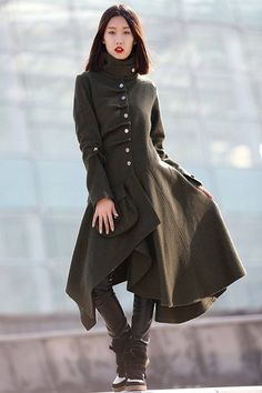 Green wool Coat, wool coat, asymmetrical coat, Army coat, swing coat, womens coats, army wool jacket Army Green Coat, Black Steampunk, Army Coat, Gothic Coat, Green Wool Coat, Wool Jackets, Wool Winter Coat, Royalty Aesthetic