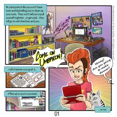 a comic strip with an image of a woman holding a cat and looking at the screen