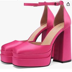 Pink Satin Platform Heels With Ankle Strap. Brand New, Never Worn. 2" Double Platform With 5" Heel. Silver Block Heel Sandals, Closed Toe Block Heels, Silver Block Heels, Pink Platform Heels, Blue Suede Pumps, Pink Platform, Sam Edelman Heels, Strappy High Heels Sandals, Lace Pumps