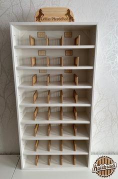 a white book shelf filled with lots of wooden blocks and magnets on top of it