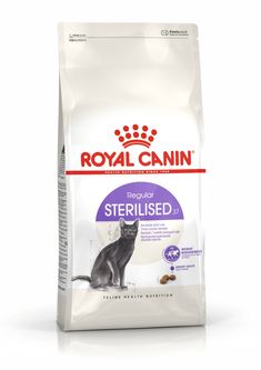 royal canin sterilised cat food, with an adult cat sitting on the ground