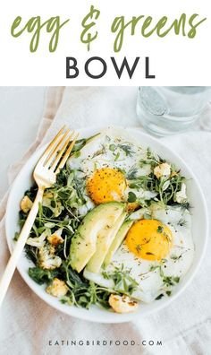 an egg and greens bowl with avocado on top