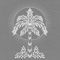 the palm tree is drawn in white on a gray background with sunbursts