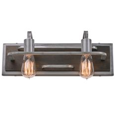 two light bathroom vanity fixture with wood and metal finish, one bulb on each side