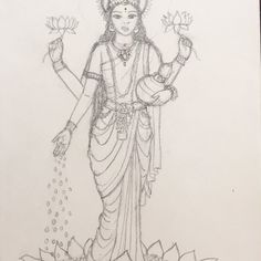 a pencil drawing of a woman holding two lotuses in her hands and standing on the ground