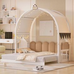 a bedroom with a bed, desk and chair next to a white book shelf filled with books