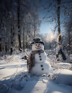 a snowman with a hat and scarf on standing in the middle of a snowy forest