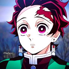 an anime character with red hair and big eyes looking at the camera while standing in front of trees