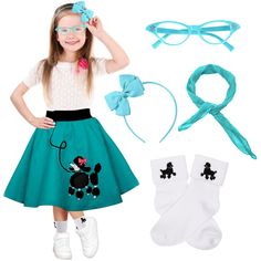 PRICES MAY VARY. 50s Costume Accessories:Package includes 1 x 50s Girls Poodle Skirt; 1 x Bobby Socks;1 x Chiffon Scarf; 1 x Cat Eye Glasses;1 x Headband; Fabric&Design:The poodle skirt is made of wool felt fabric,which is a kind of traditional fabric used to make poodle skirts.These bobby socks with embroidery applique poodle provide optimum comfort with style wherever one might go Size:It comes in 2 different sizes, including 4/6 (X-small), 7/12 (Small). Make A Fantastic Gift Idea: Every girl 100 Days Of School Costume, Girls 100 Days Of School, Girls Poodle Skirt, Decades Day Outfits, Poodle Skirts, 50s Costume, 1950s Costume, Bobby Socks, School Costume