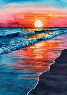 a painting of a sunset on the beach with waves coming in to shore and an orange sun rising over the horizon