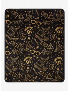 harry potters pattern on a black background with gold foil and stars, as well as hog