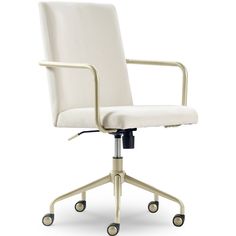 an office chair with wheels and a white upholstered seat, viewed from the front