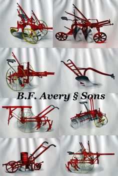 many different types of farm implements are shown in red and green colors, with the words b f avery & sons on them