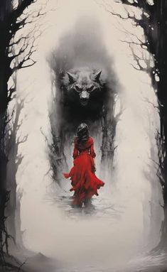 a woman in a red dress is walking through the woods with two wolfs behind her