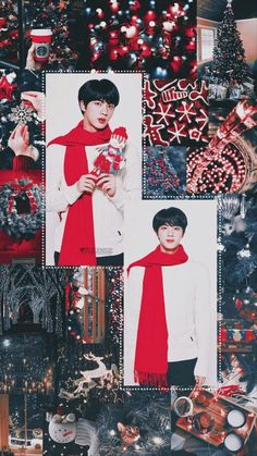 a collage of two photos with christmas decorations and trees in the background, one is wearing a red scarf