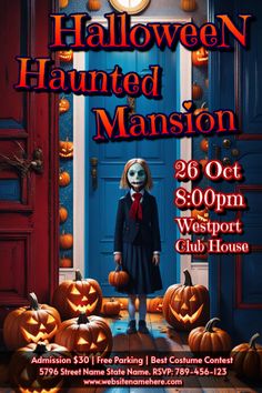 a poster for halloween themed mansion with a creepy girl standing in front of the door