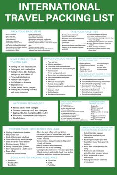 the international travel packing list is shown in green and white, with blue lettering on it