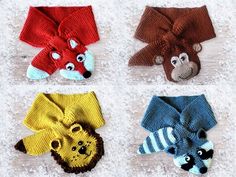 four knitted animal headbands are shown in different colors and sizes, including one with