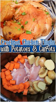 chicken thighs with potatoes and carrots in a crockpot, on a plate