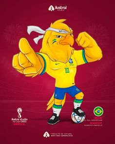 the mascot for brazil is dressed in yellow and blue, while he holds his fist up