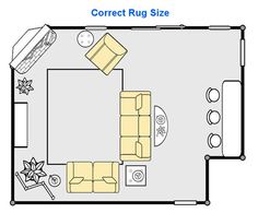 a drawing of a living room with couches, tables and chairs in the center