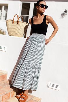 Shirred Skirt - Moss Stripe - Emerson Fry Striped Maxi Skirt Outfit, Shirred Skirt, Emerson Fry, Maxi Skirt Outfits, Striped Maxi Skirts, Striped Midi Skirt, Diy Skirt, Sustainable Fabric