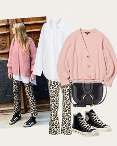 Style Language, Pastel Blouse, Looks Adidas, Cardigan Rosa, Pink Denim Jacket, Outfit Cardigan, Curated Closet, Leopard Pants, Cardigan Outfits