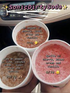 three ice creams in white cups with different flavors and words on the inside of them