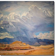 an oil painting of clouds over mountains and desert land with blue sky in the background