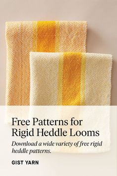 two yellow and white striped towels with the text free patterns for rigid heddle looms