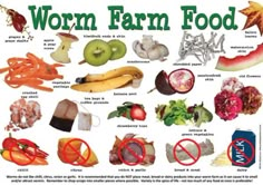 an advertisement for worm farm food with pictures of vegetables, fruits and other things to eat