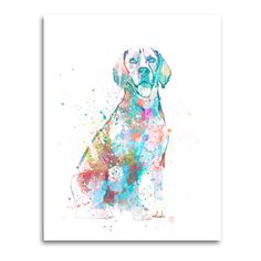 a watercolor painting of a dog sitting in front of a white background with colorful spots