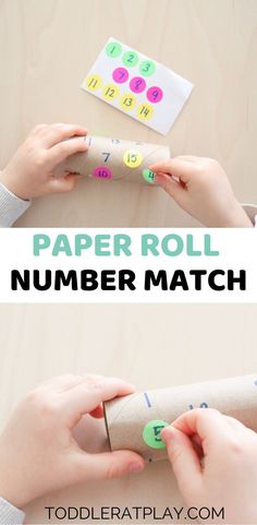 two photos with the words paper roll number match on them and one is holding a roll of