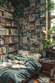 a bed sitting in a bedroom next to a book shelf filled with lots of books