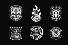 six different badges with the words, logos and emblems written in white on black