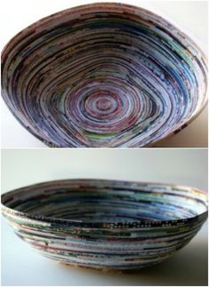 two different pictures of a bowl made out of magazines