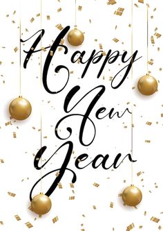 a happy new year card with gold balls and confetti hanging from the strings