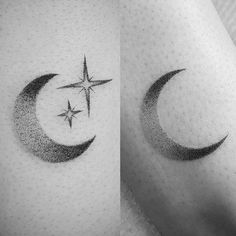 two tattoos with stars and crescents on their thighs, one is black and white