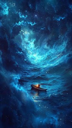 a boat floating on top of a body of water under a blue sky filled with stars