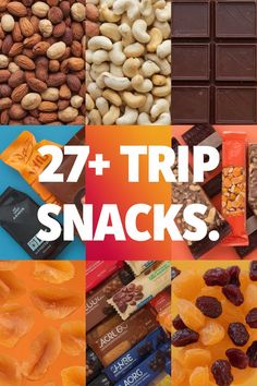 several different types of snacks with the words, 27 + trip snacks