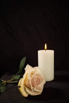 a white candle with a single rose next to it on a black background, in front of a dark backdrop